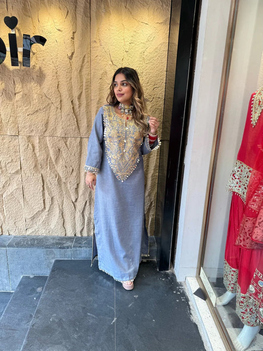 Soft Denim Embroidered Kurta